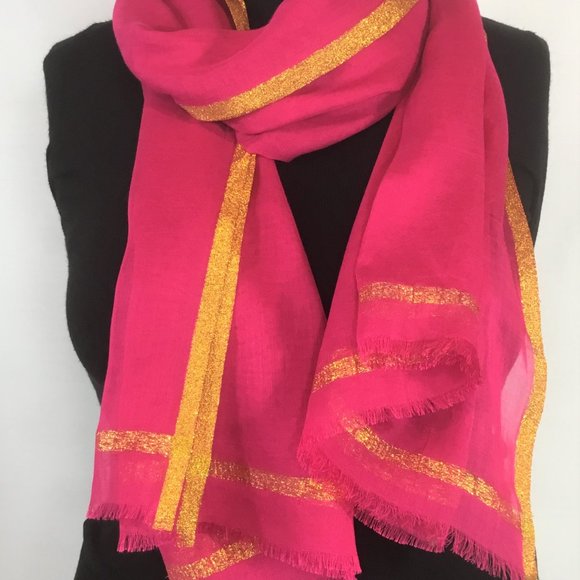 Hot Pink Scarf with Gold Trim - Picture 2 of 3